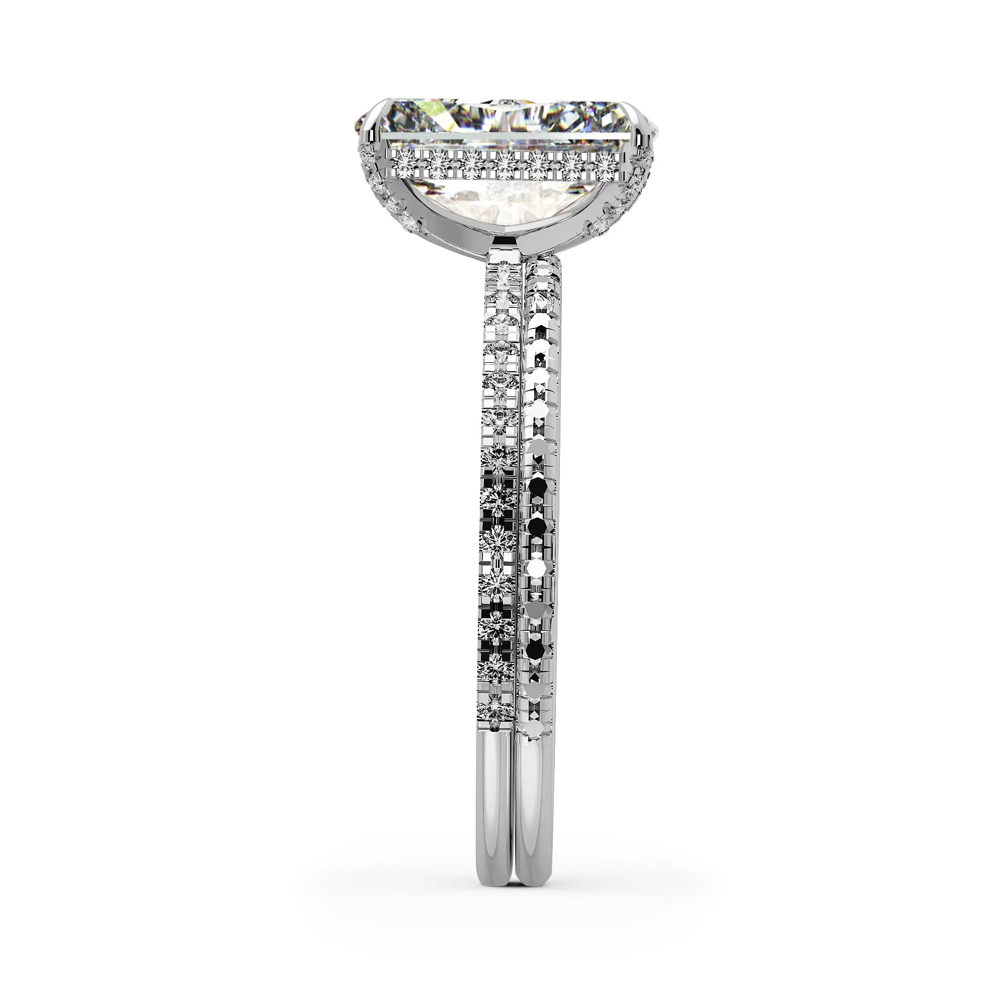 Elongated Radiant Cut Hidden Halo Pave Engagement Ring Bridal Set - 605
