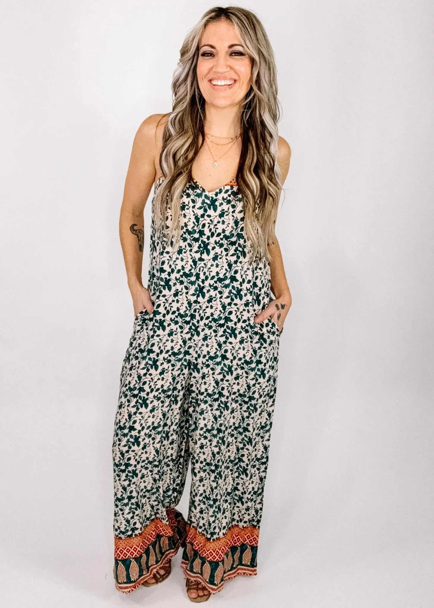 Emerald and Ivory Floral Jumpsuit