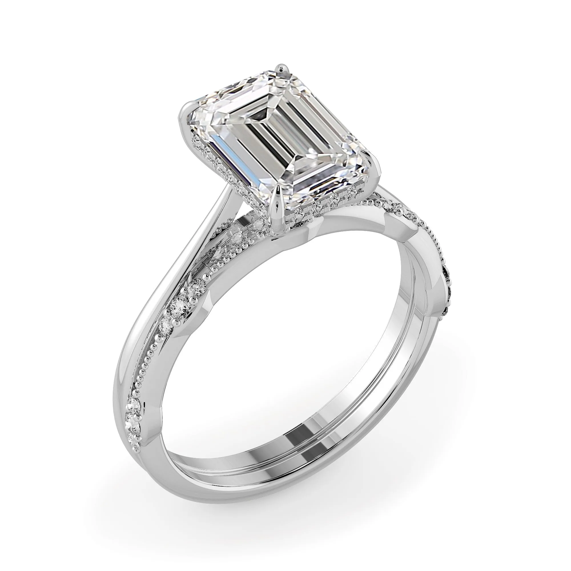 Emerald Cut Hidden Halo Elegant stackable wedding rings - 723