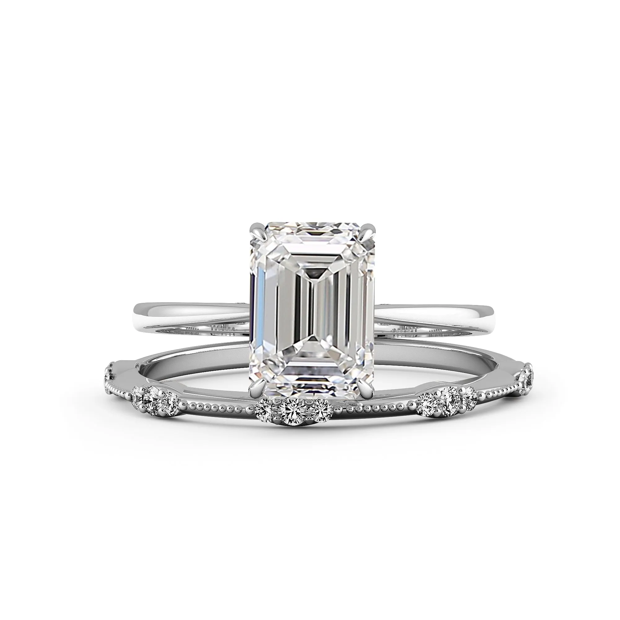 Emerald Cut Hidden Halo Elegant stackable wedding rings - 723