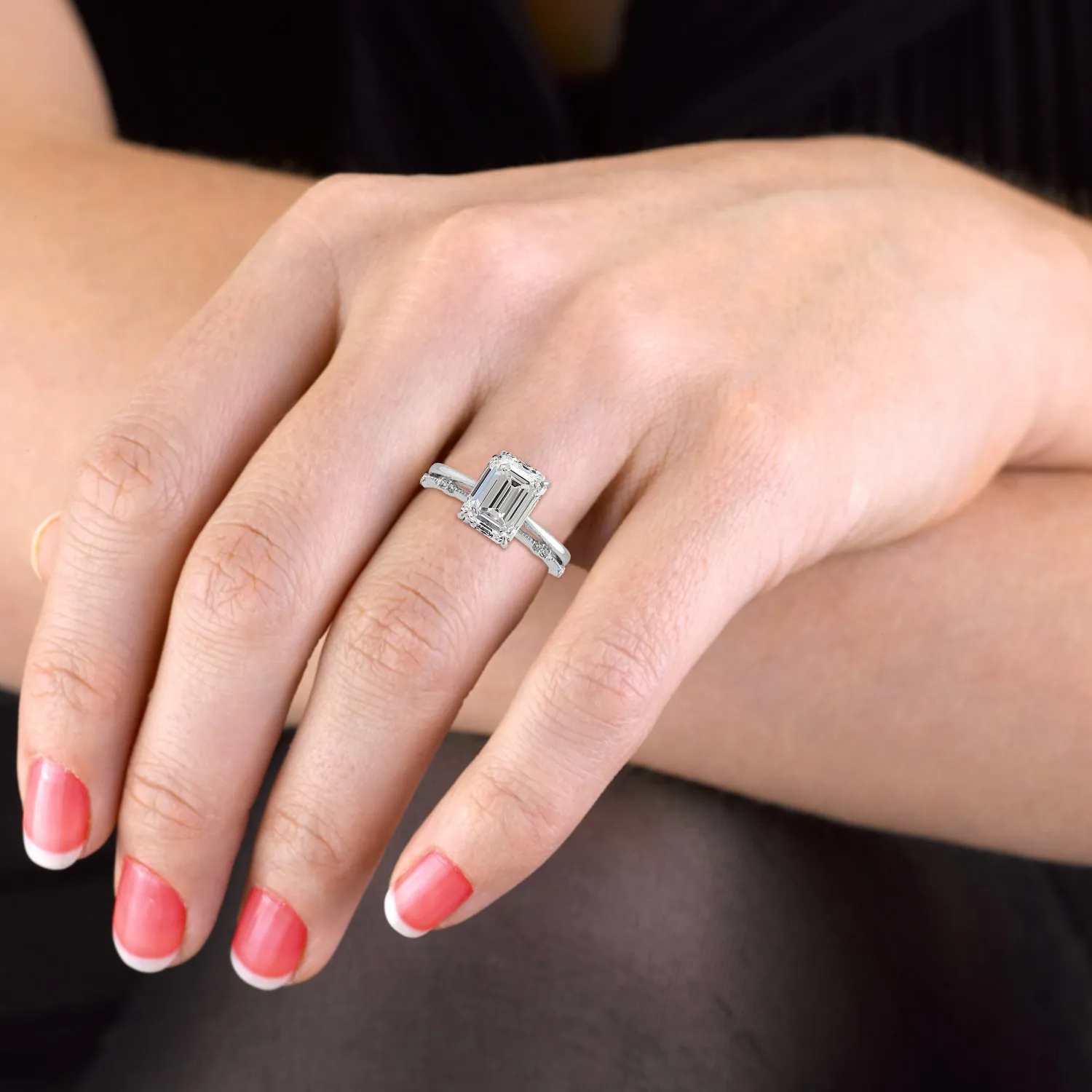 Emerald Cut Hidden Halo Elegant stackable wedding rings - 723