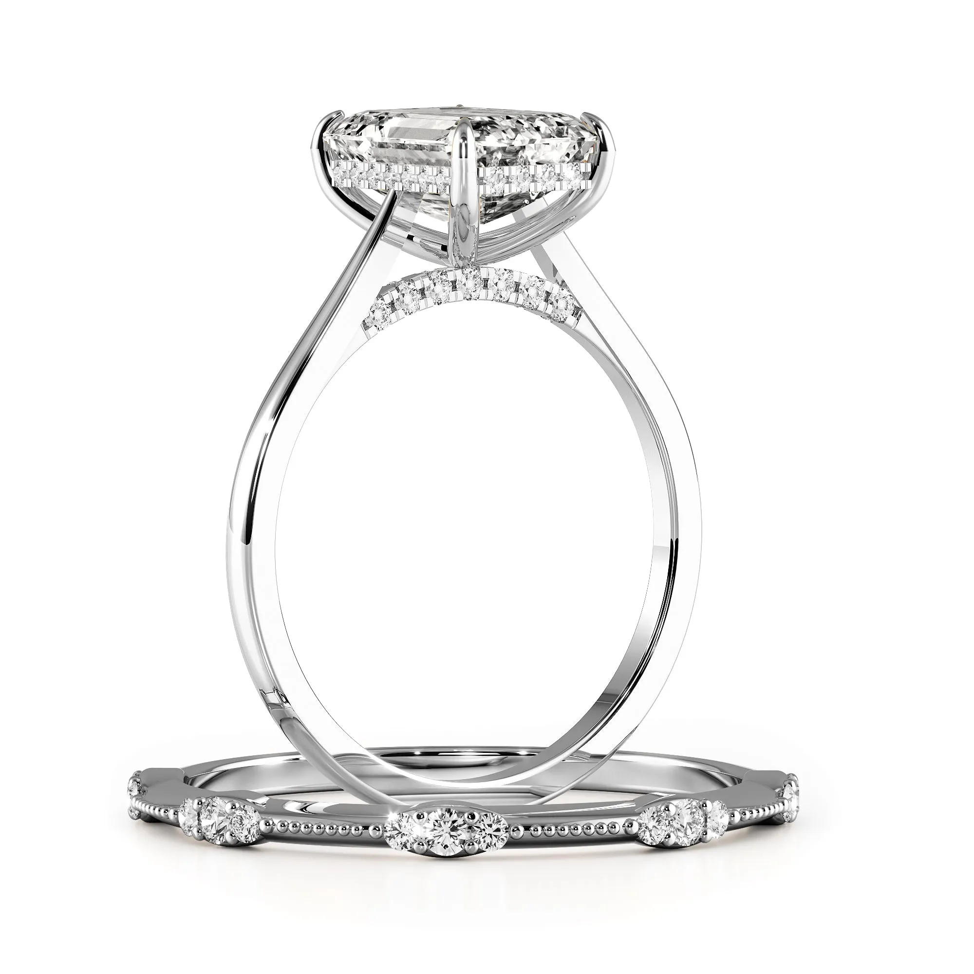 Emerald Cut Hidden Halo Elegant stackable wedding rings - 723