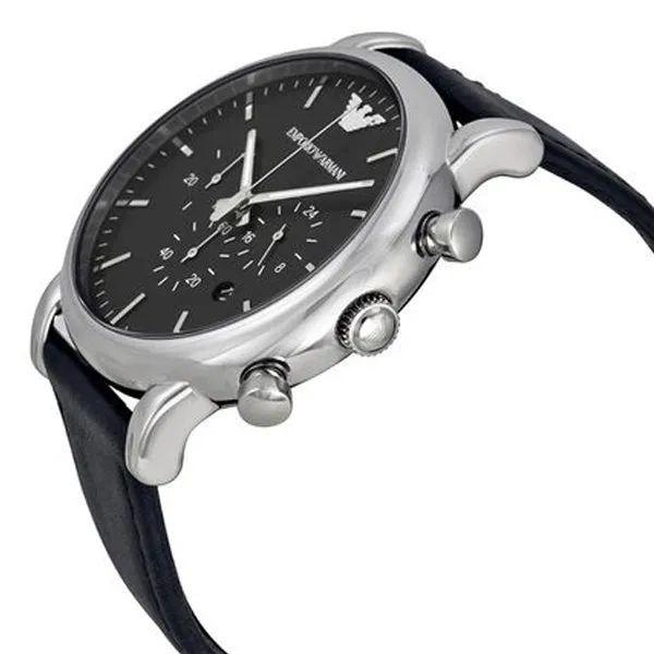EMPORIO ARMANI Classic Black Leather Strap Black Dial Chronograph Quartz Watch for Gents - AR1828