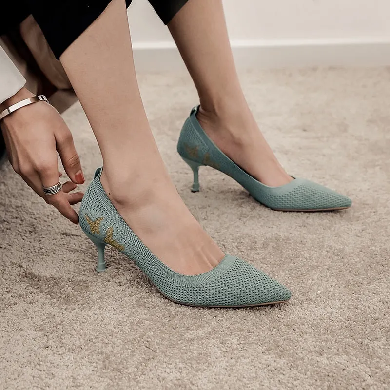 EOEODOIT 2020 Spring Women Pumps High Stiletto Heels Pointy Toe Knit Fabric Heels Lady Office Work Shoes