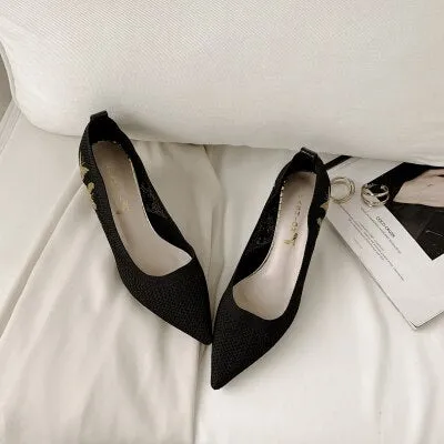 EOEODOIT 2020 Spring Women Pumps High Stiletto Heels Pointy Toe Knit Fabric Heels Lady Office Work Shoes