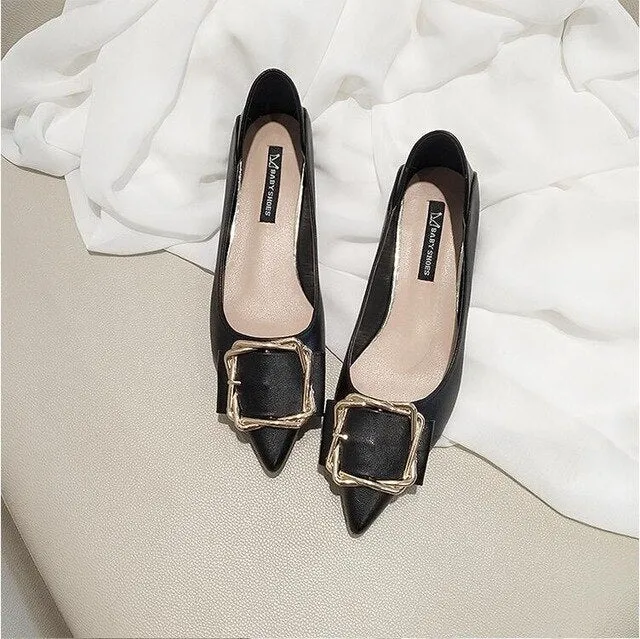 EOEODOIT Women Low Chunky Shoes With Twist Metal Buckle Pointed Toe Leather Pumps 2021 Spring Newest Office Lady Work Shoes