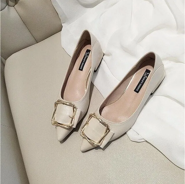 EOEODOIT Women Low Chunky Shoes With Twist Metal Buckle Pointed Toe Leather Pumps 2021 Spring Newest Office Lady Work Shoes