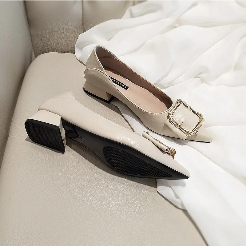 EOEODOIT Women Low Chunky Shoes With Twist Metal Buckle Pointed Toe Leather Pumps 2021 Spring Newest Office Lady Work Shoes