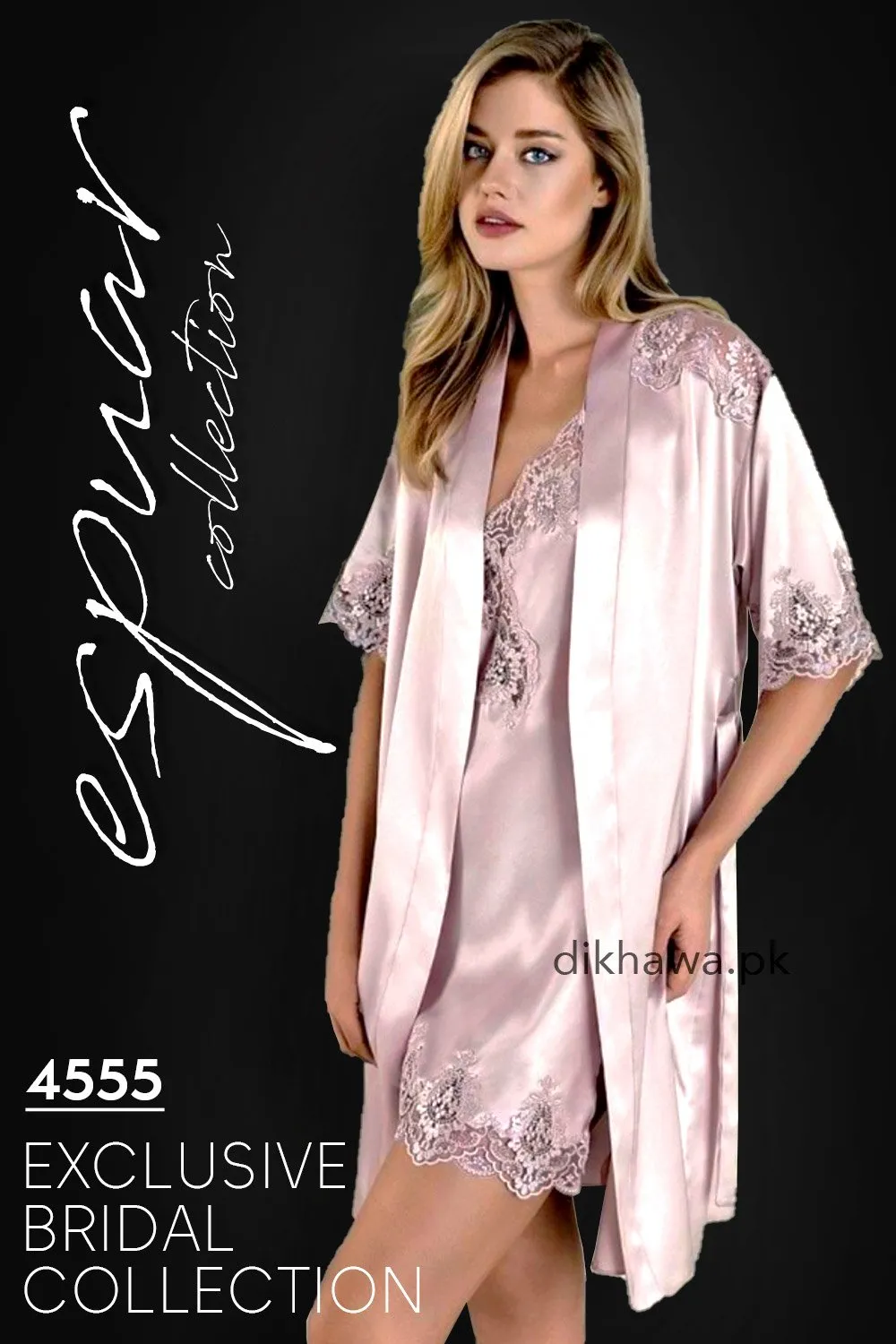 Espuar - Exclusive Bridal Wedding Honeymoon 2Pc Short Nighty Set Rose Pink 240-4555 - Turkish Brand