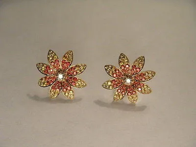 Estate 14K Yellow Gold Diamond Red Sapphire Flower Stud Earrings Studs