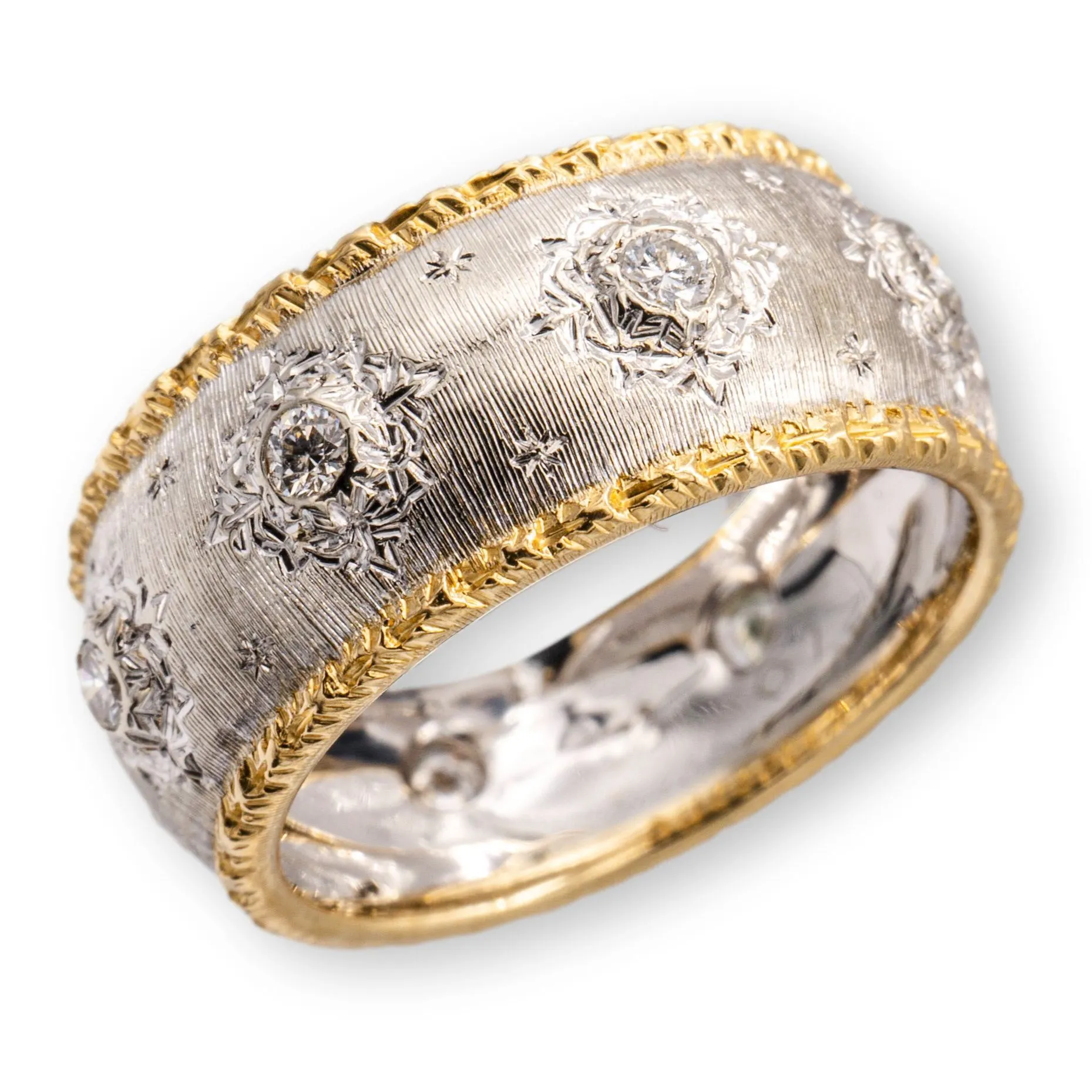 Estate Gianmaria Buccellati Capri 18K White and Yellow Gold Diamond Band Ring Size 5