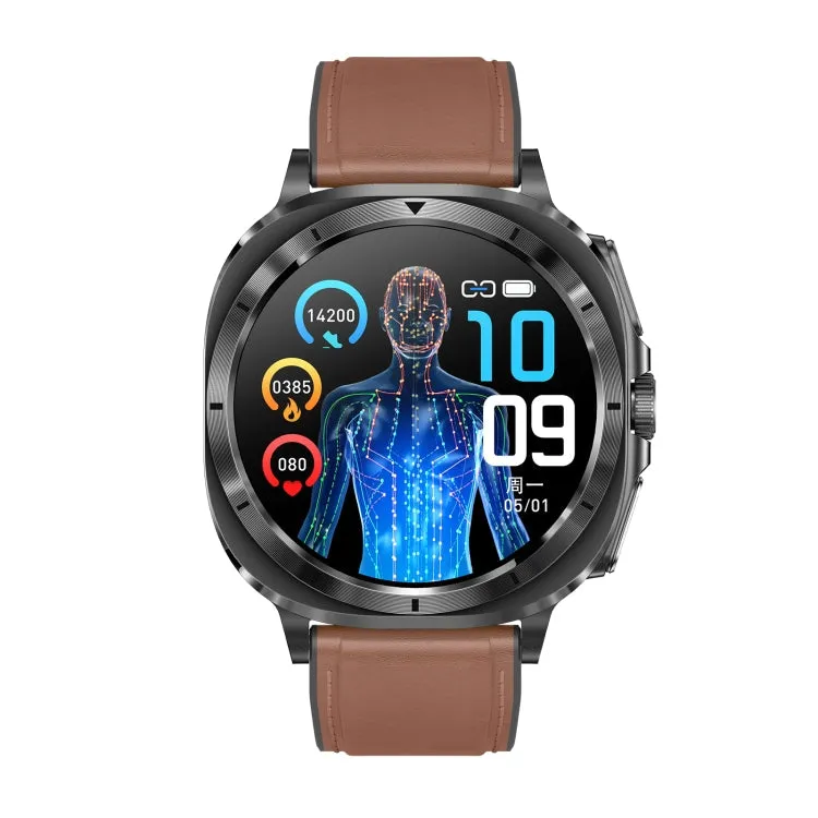 ET492 1.43 inch AMOLED Screen Leather Strap Smart Watch Supports ECG/Blood Sugar Monitoring(Brown)