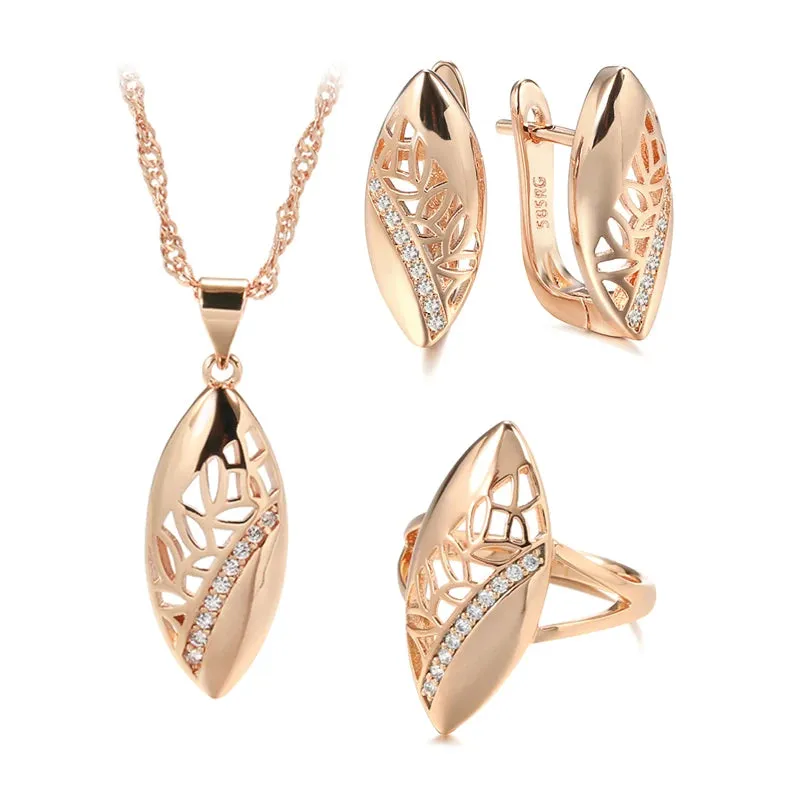 Ethnic Bride Wedding Jewelry Sets Rose Gold With Natural Zircon Necklace Earring Ring Luxury Women Jewelry