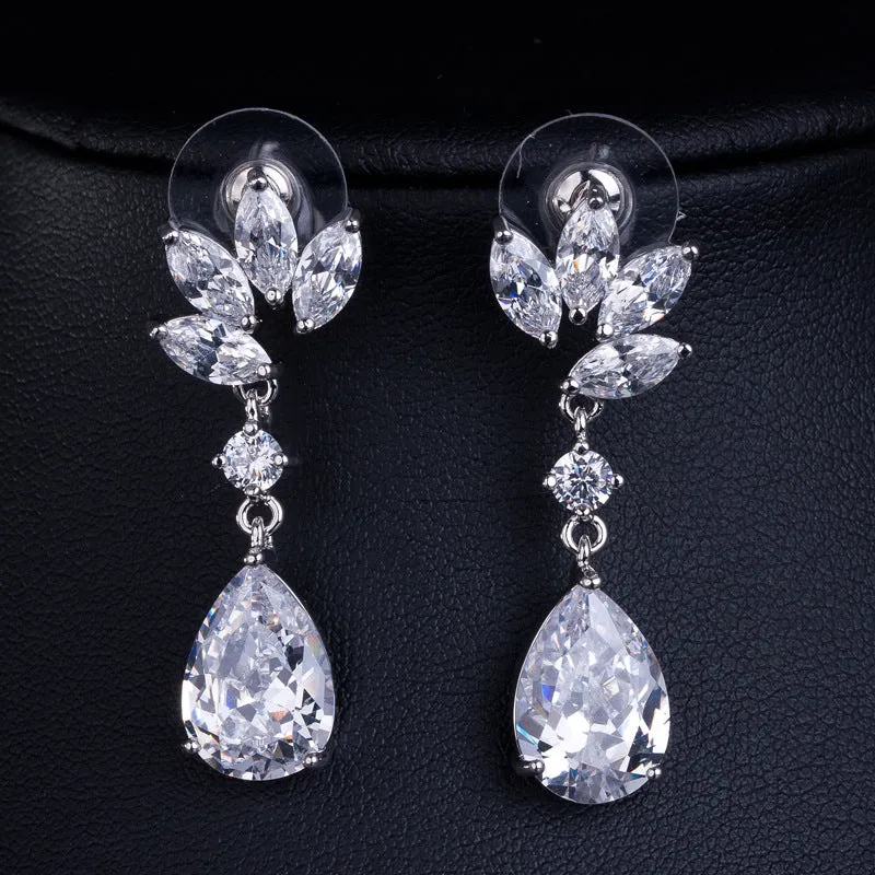 Exquisite Floral & Leaf Crystal Bridal Jewellery Set, Cubic Zirconia Necklace and Earrings Set