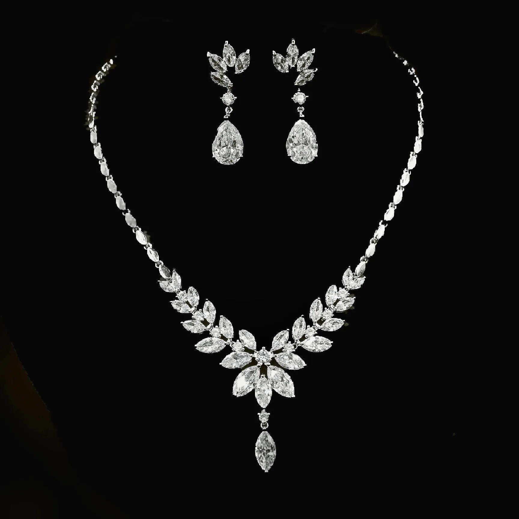 Exquisite Floral & Leaf Crystal Bridal Jewellery Set, Cubic Zirconia Necklace and Earrings Set