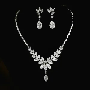 Exquisite Floral & Leaf Crystal Bridal Jewellery Set, Cubic Zirconia Necklace and Earrings Set