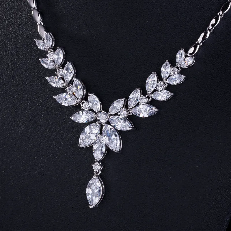 Exquisite Floral & Leaf Crystal Bridal Jewellery Set, Cubic Zirconia Necklace and Earrings Set