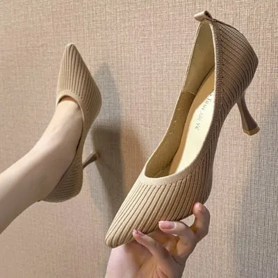 Fashion Knitted Breathable Women Pumps 2020 New Pointed Toe High Heels Lady Shoes Wild Comfortable Thin Heel Office Work Shoes