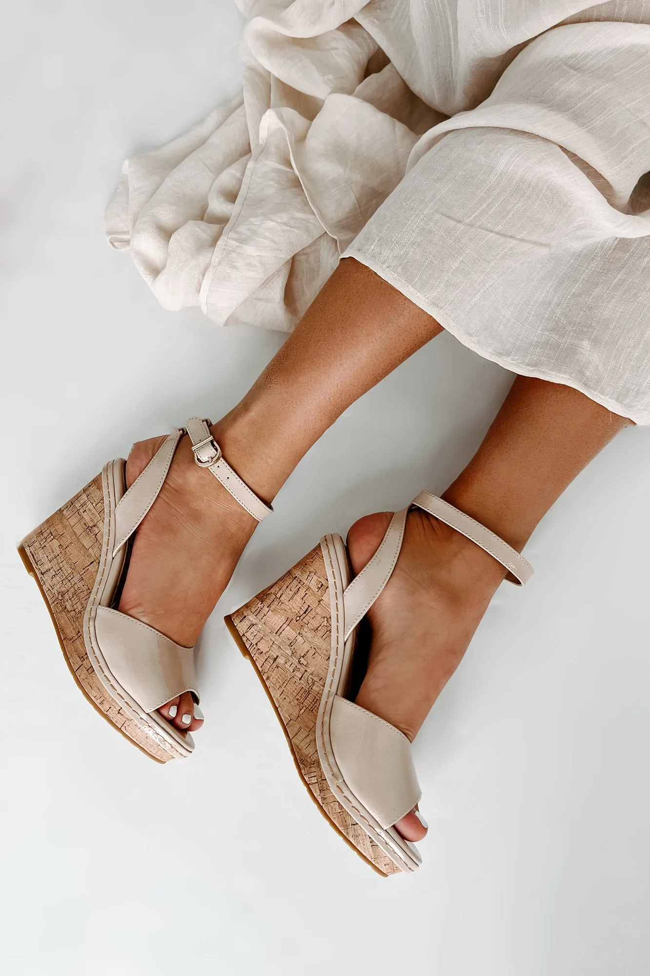 Finding Favor Peep Toe Cork Wedge Heels (Nude)