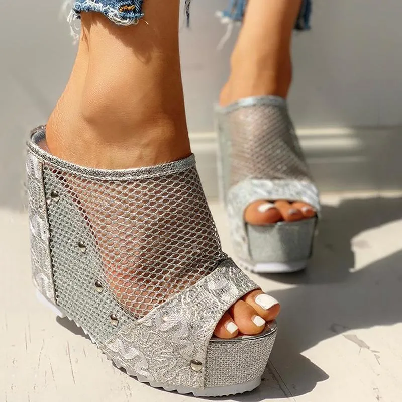 Fishing Net Insert Platform Wedge Sandals
