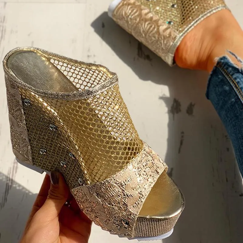 Fishing Net Insert Platform Wedge Sandals