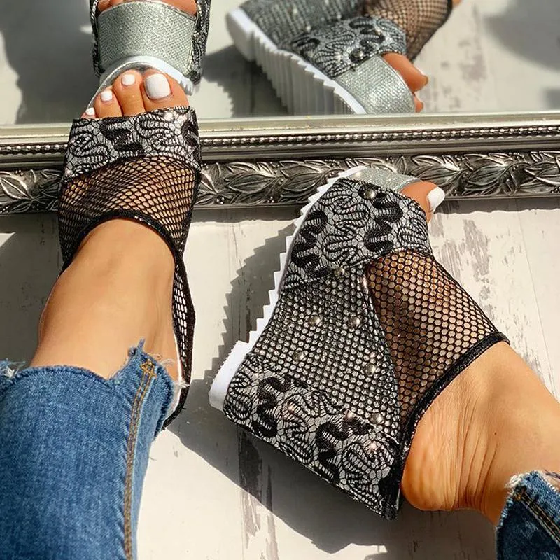 Fishing Net Insert Platform Wedge Sandals