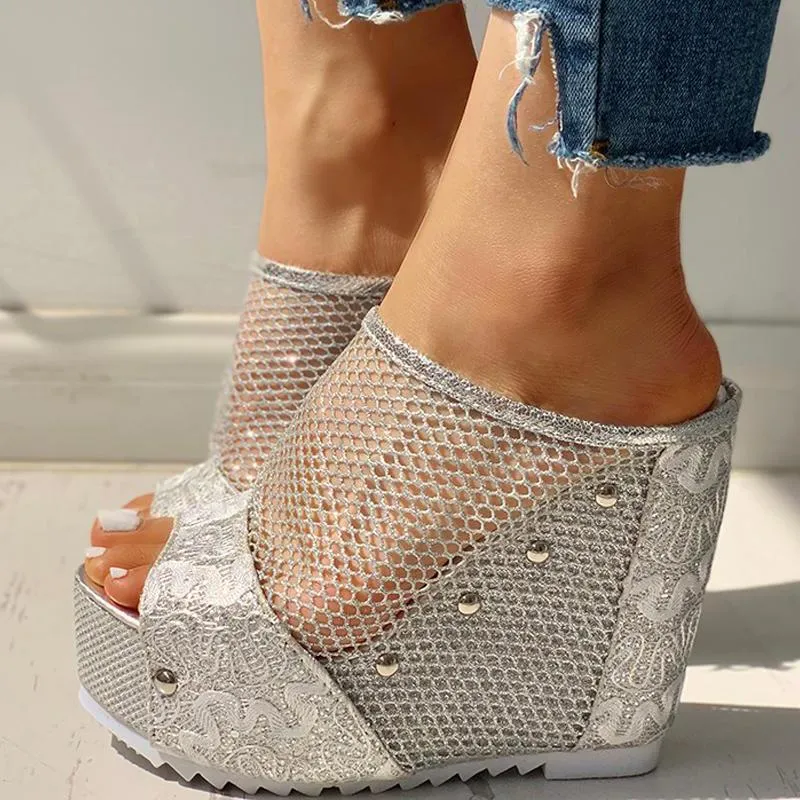Fishing Net Insert Platform Wedge Sandals