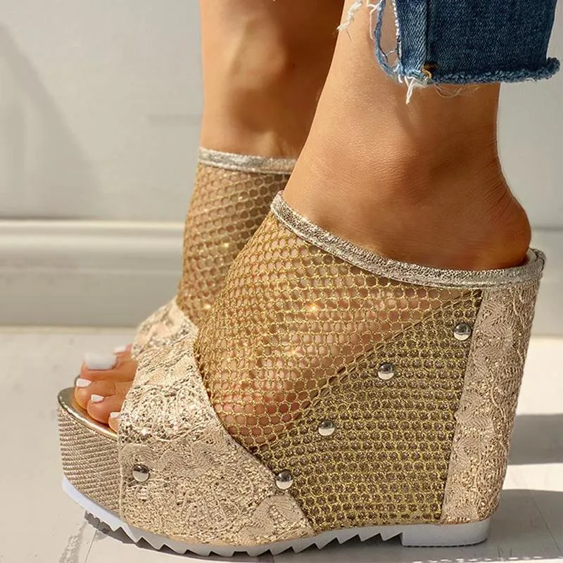 Fishing Net Insert Platform Wedge Sandals