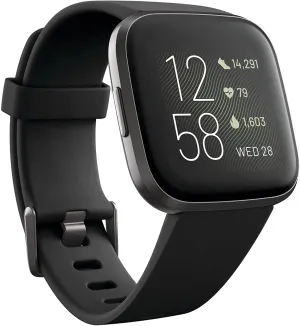 Fitbit Versa 2 Health and Fitness Smartwatch with Heart Rate, Music, Alexa Built-In, Sleep and Swim Tracking, Black/Carbon, One Size (S and L Bands Included)