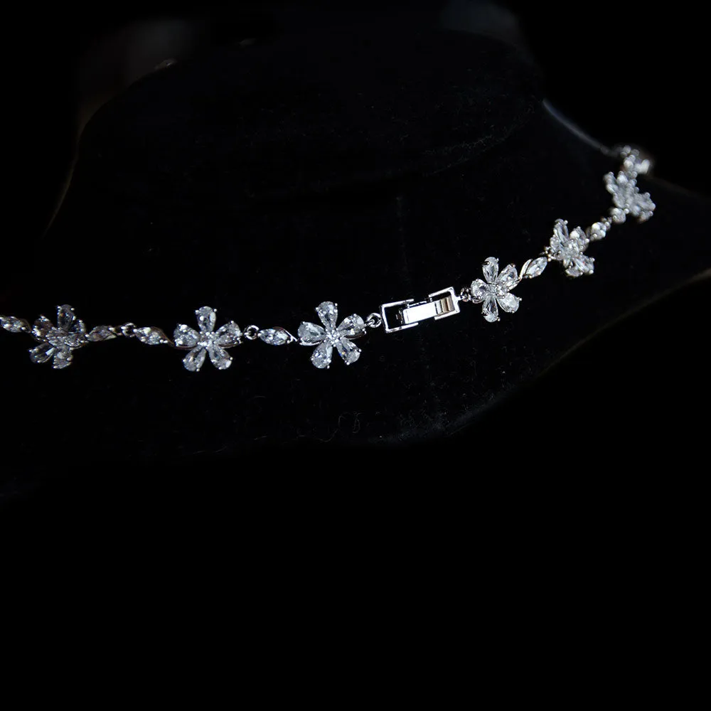 Floral Cubic Zirconia Bridal Jewelry Set with Teardrop Shape Necklace and Earrings