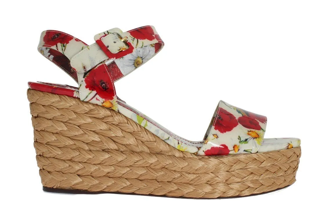 Floral Leather Straw Wedges Sandals