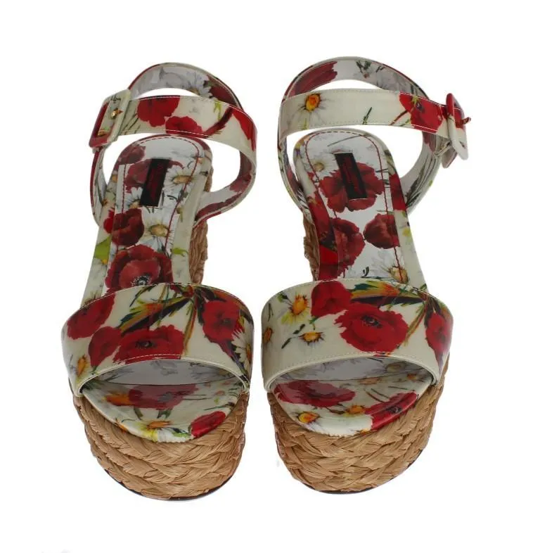 Floral Leather Straw Wedges Sandals