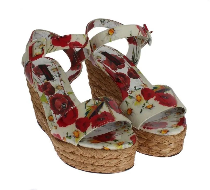 Floral Leather Straw Wedges Sandals