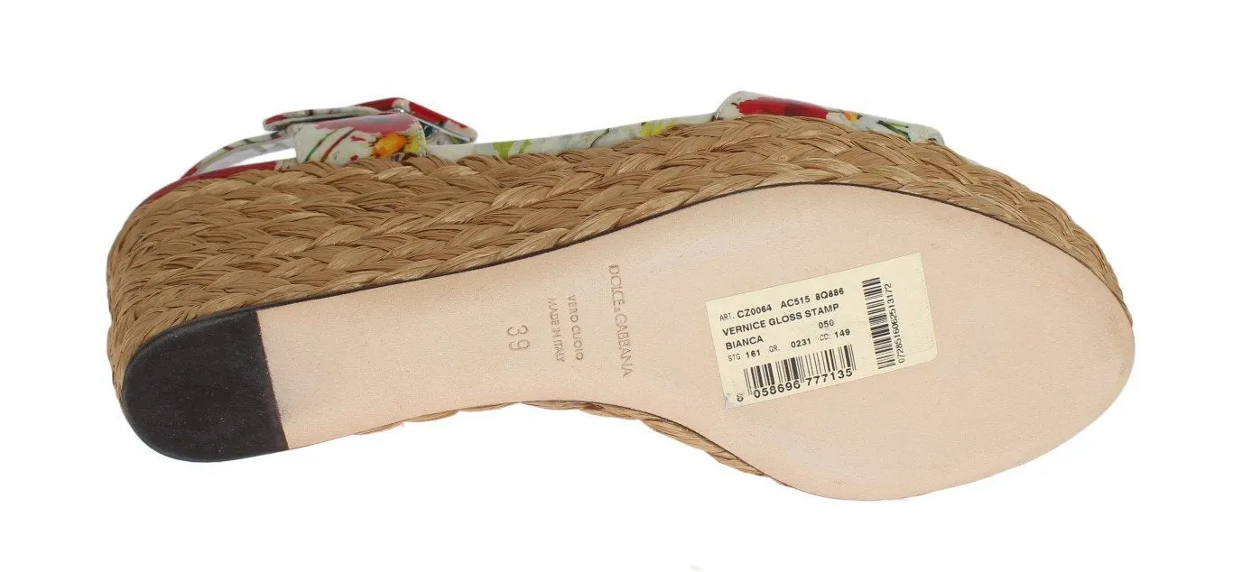 Floral Leather Straw Wedges Sandals