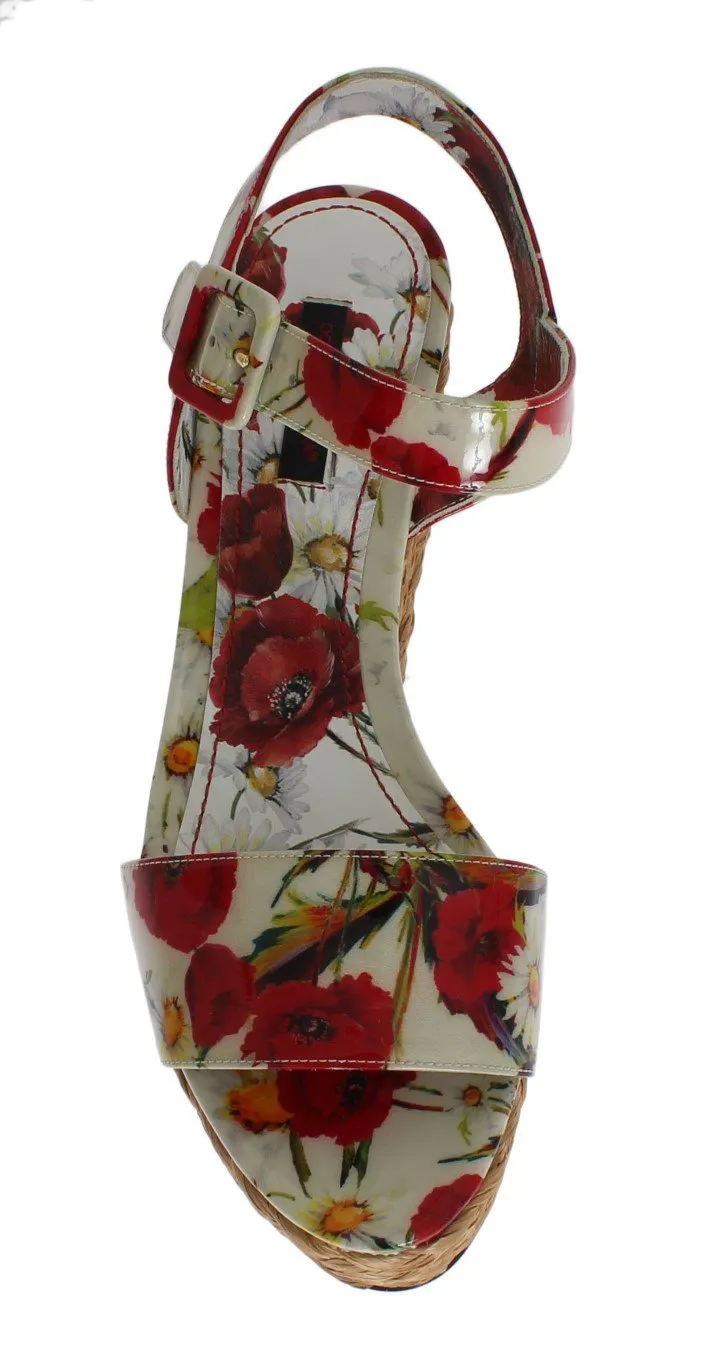 Floral Leather Straw Wedges Sandals