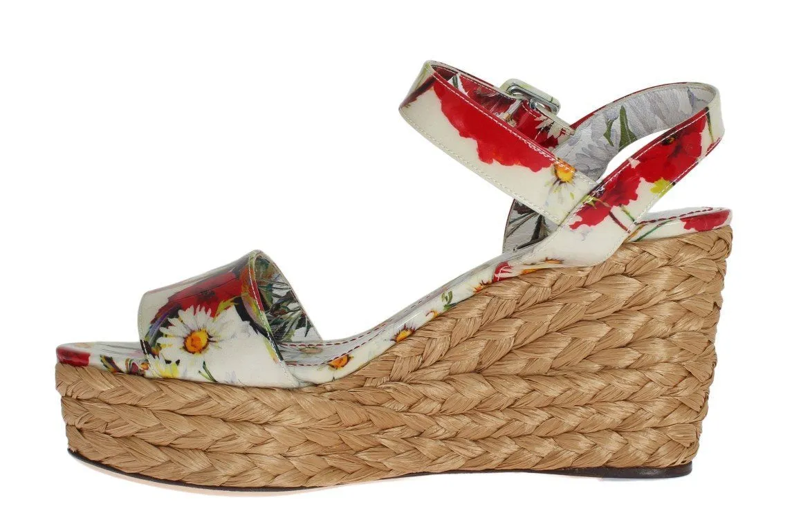 Floral Leather Straw Wedges Sandals
