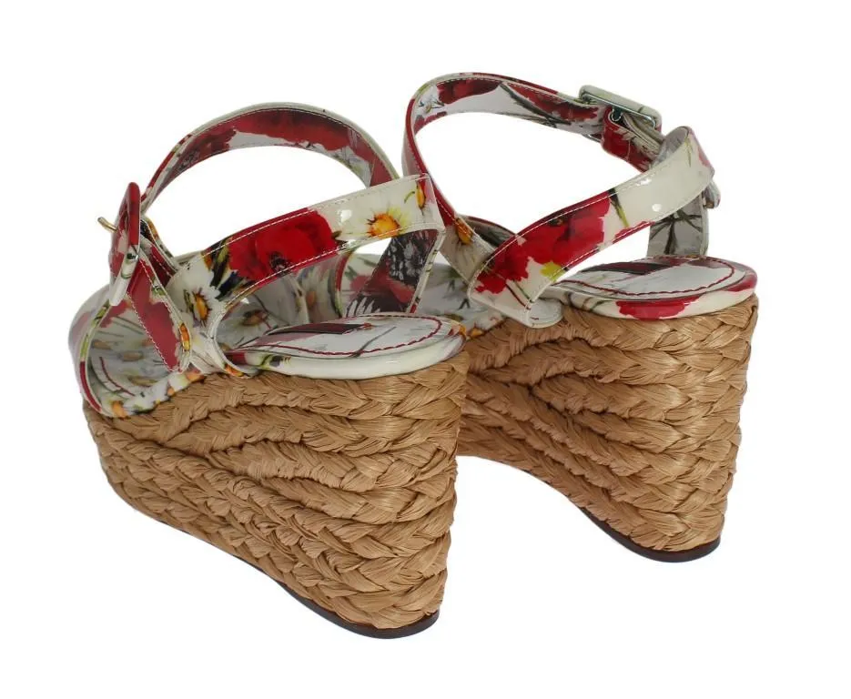 Floral Leather Straw Wedges Sandals