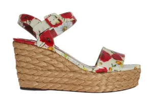 Floral Leather Straw Wedges Sandals