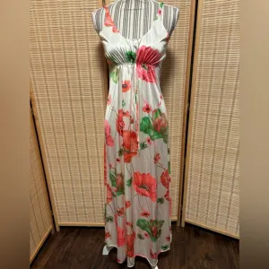 Floral Maxi house Dress and nightgown set  - White and Pink vintage 70s nylon