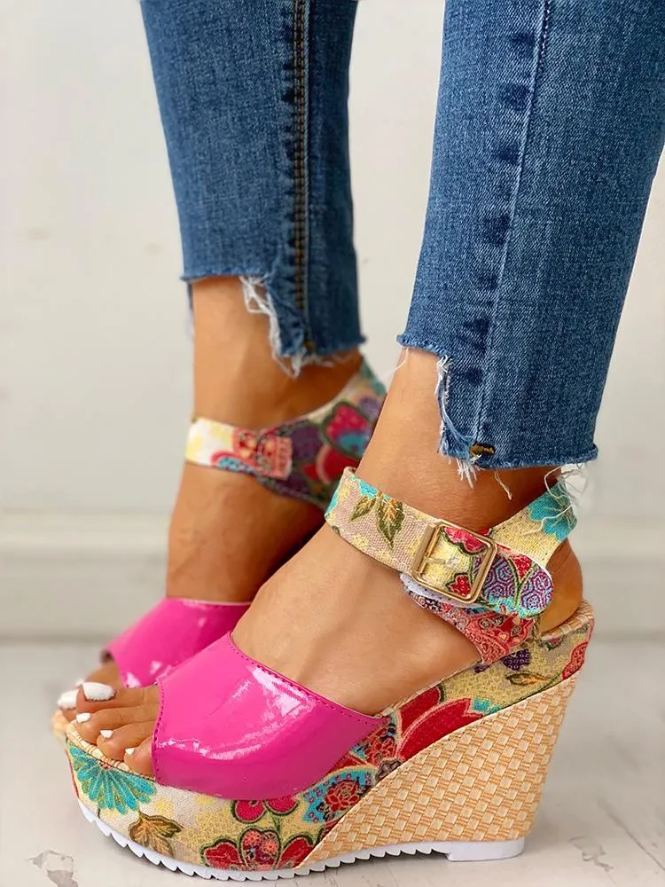 Floral Peep-toe Platform Wedge Sandals