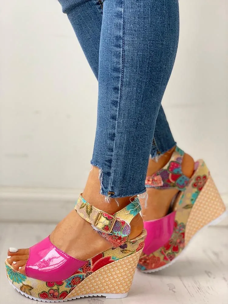 Floral Peep-toe Platform Wedge Sandals