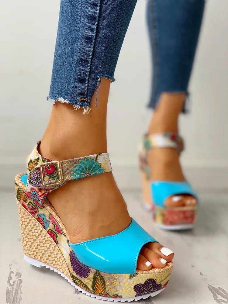 Floral Peep-toe Platform Wedge Sandals
