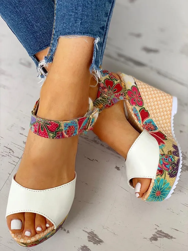 Floral Peep-toe Platform Wedge Sandals