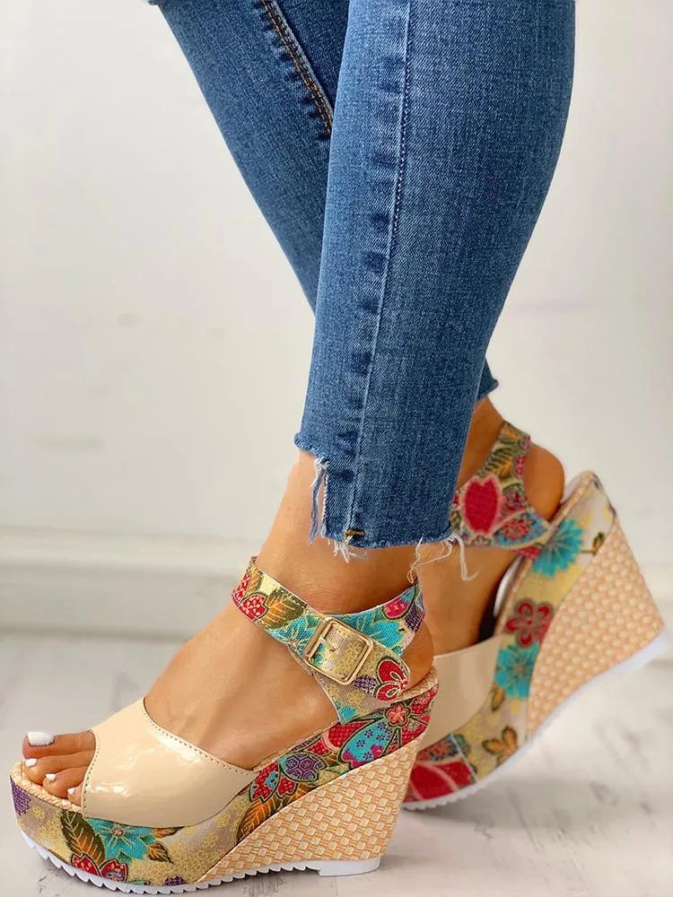 Floral Peep-toe Platform Wedge Sandals