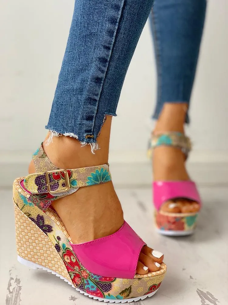 Floral Peep-toe Platform Wedge Sandals