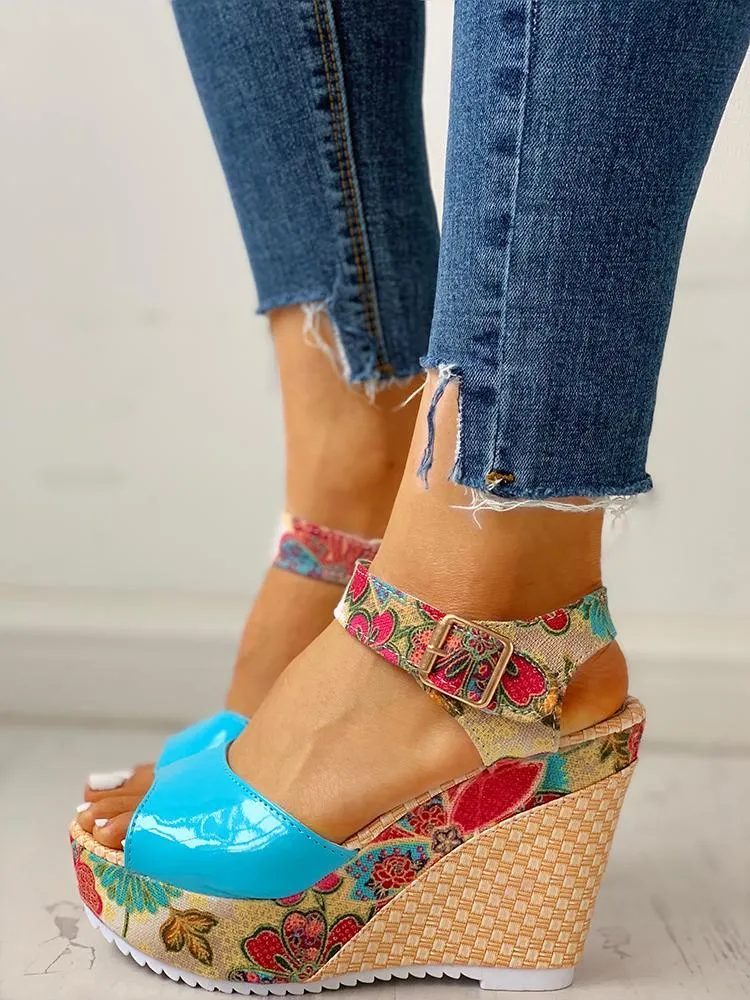 Floral Peep-toe Platform Wedge Sandals
