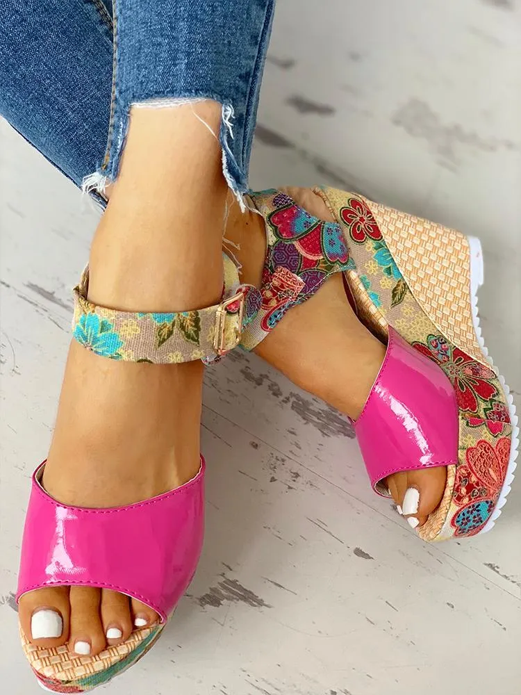 Floral Peep-toe Platform Wedge Sandals