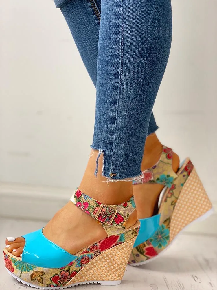 Floral Peep-toe Platform Wedge Sandals