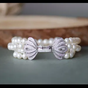 Four Rows Freshwater Pearls CZ Micro Pave Wedding Bracelet, Bridal, Bridesmaids