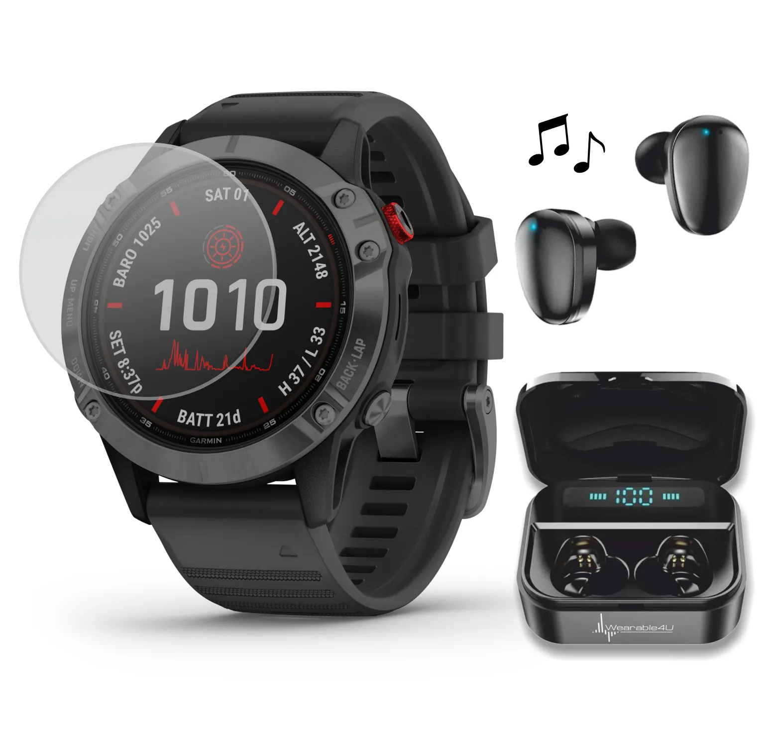 Garmin Fenix 6 Pro Solar Premium Multisport GPS Watches with Wearable4U Ultimate EarBuds Bundle